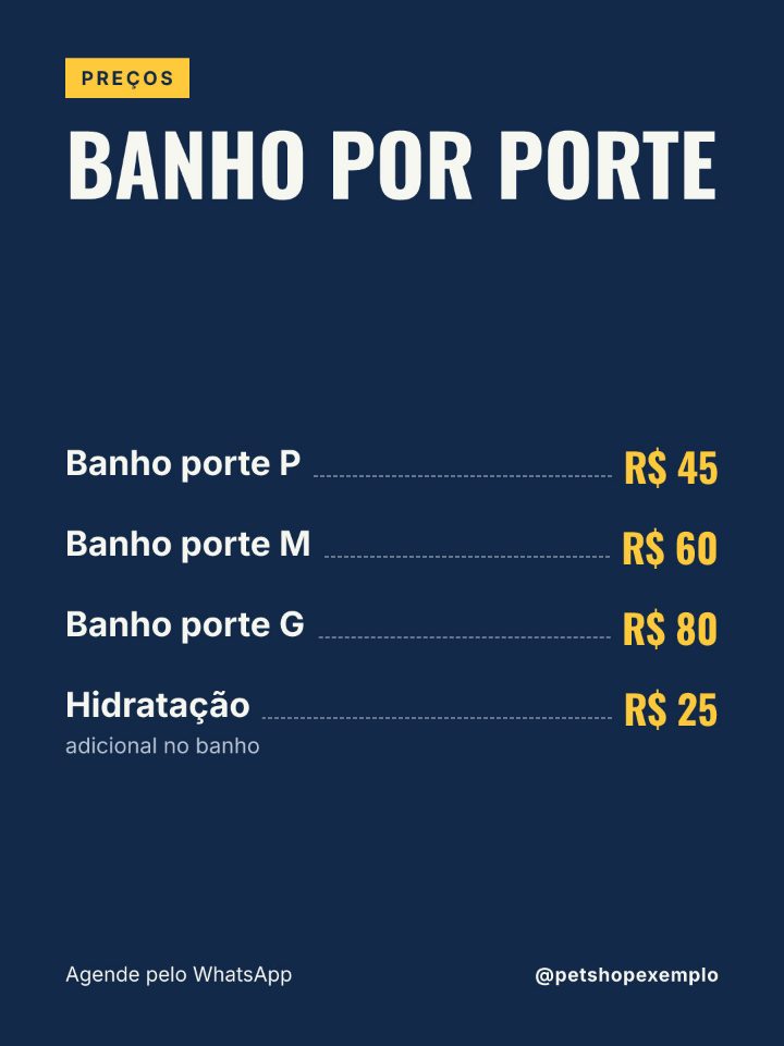 Arte de exemplo: banho por porte com preços